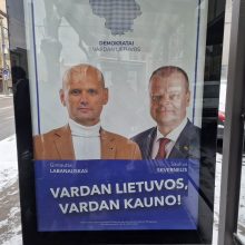 Vandalams užkliuvo politinis plakatas: išpaišė nešvankiais ženklais ir necenzūriniais žodžiais