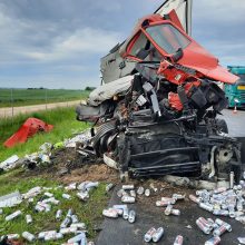 Vilkikų susidūrimas pakaunėje: nukentėjo vienas vairuotojas ir jo krovinys