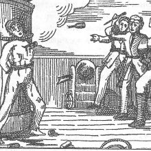 Ekzekucija: kapitono Skinerio mirtis piratų laive 1724 m. knygos „Visuotinė piratavimo istorija“ graviūroje.