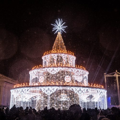 Sostinės Katedros aikštėje įžiebta Kalėdų eglė  © P. Peleckio/BNS ir S.Žiūros nuotr.