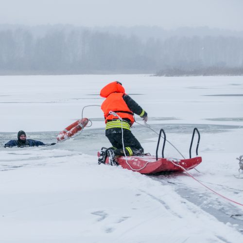 Ugniagesių pratybos – gelbėjimo darbai ant ledo  © Vilmanto Raupelio nuotr.