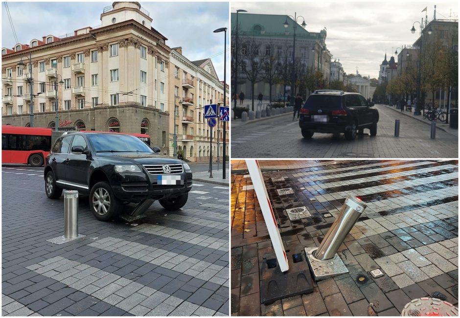 Vilniaus centre – vairuotojo nesėkmė: visureigis „pakibo“ ant apsauginių stulpelių