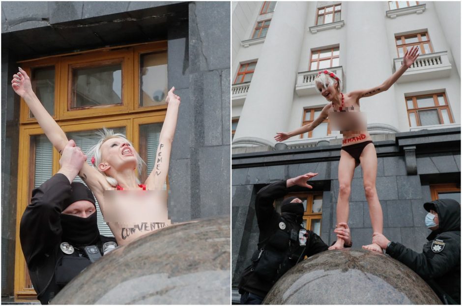 Nuoga „Femen“ aktyvistė surengė protestą prie Ukrainos prezidentūros