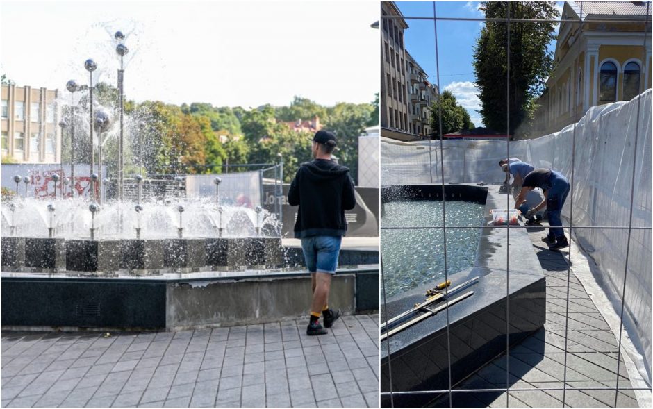 Prie Laisvės alėjos fontano pluša darbininkai: taisomas brokas