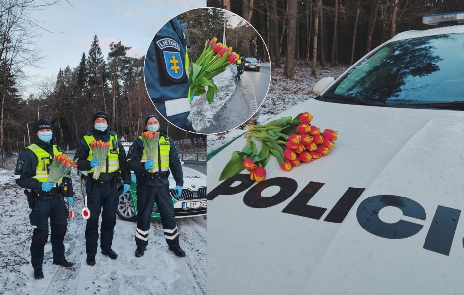 Moters dieną – pareigūnų dėmesys Kauno vairuotojoms: stabdė ne bausti, o dovanoti šypsenas