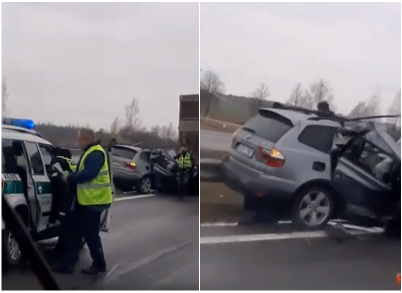 Magistralėje – stipri avarija: BMW rėžėsi į stovintį sunkvežimį