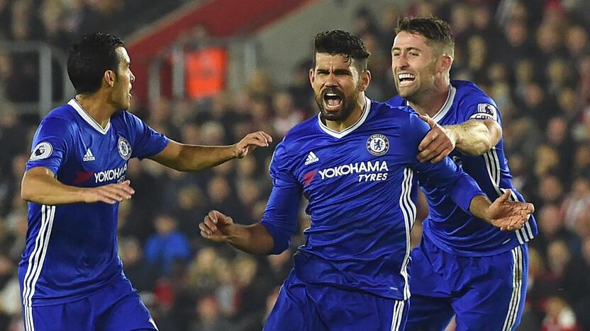 „Chelsea“ žaidėjai Pedro, Diego Costa ir Gary Cahillas