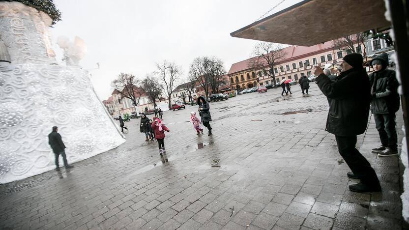 Kauniečiai apžiūrinėja Rotušės aikštės eglutę