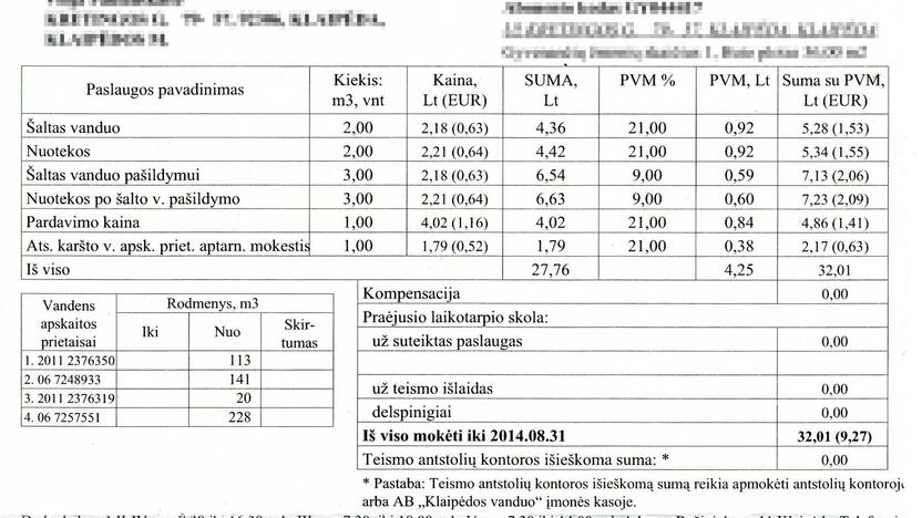 Kainos: rugpjūtį gautose sąskaitose už komunalines paslaugas mokėtinos sumos pateiktos ir litais, ir eurais.