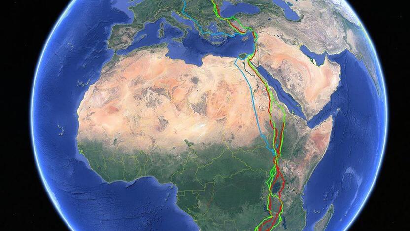 Galima rasti trijų erelių su GPS siųstuvais keliones po Afrikos žemyną ir Europą. Mėlyna spalva pažymėta jauniklio Nemuno, raudona – patelės Metidos, žalia – patino Kauno skrydžio trajektorija.