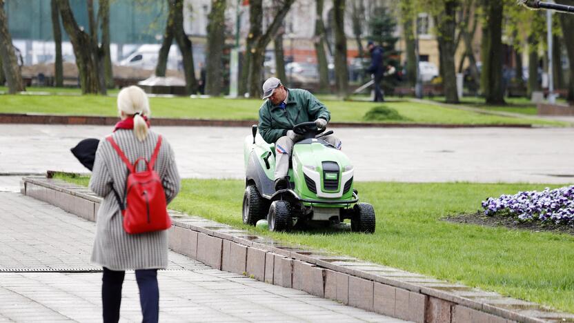 Darbai: prižiūrėtojai pradėjo šienauti matomiausias ir lankomiausias miesto vietas.