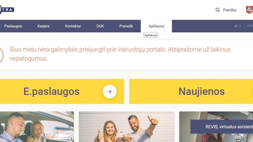 Informacija: pirmadienį „Regitros“ klientai matė pranešimą apie elektroninių paslaugų sutrikimą.