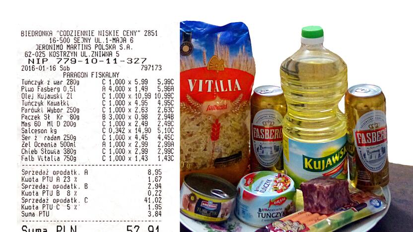 Klaipėdietė už 12 produktų krepšį Lenkijoje sumokėjo 52,91 zloto, o tai yra 11,6 euro.