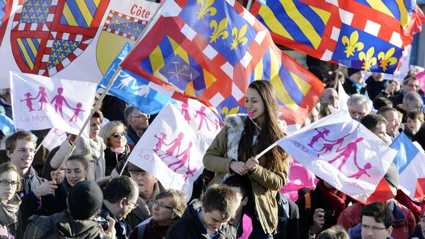 Daugiau kaip 100 tūkst. konservatyvių pažiūrų prancūzų sekmadienį žygiavo Paryžiaus ir Liono gatvėmis kaltindami prezidento F.Hollande'o vyriausybę „šeimos fobija“