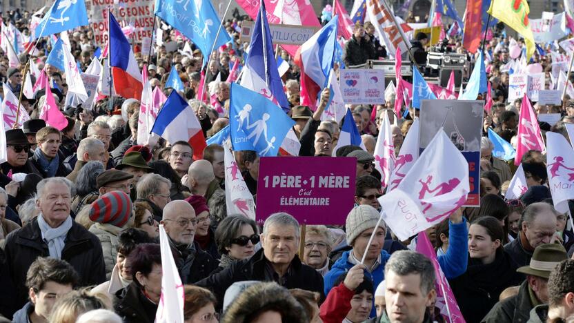 Daugiau kaip 100 tūkst. konservatyvių pažiūrų prancūzų sekmadienį žygiavo Paryžiaus ir Liono gatvėmis kaltindami prezidento F.Hollande'o vyriausybę „šeimos fobija“