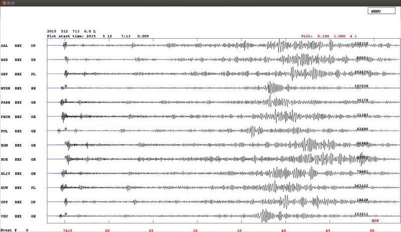 Žemės drebėjimo Nepale seismograma