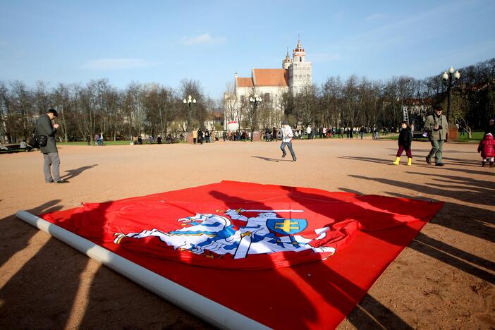 Vilniuje Lukiškių aikštėje iškelta rekordinio dydžio Vyčio vėliava