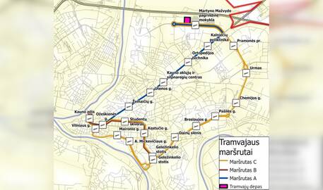 Schema: sudėlioti keturi preliminarūs maršrutai, kuriais galėtų važiuoti tramvajus.