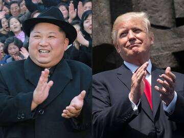 Kim Jong Unas (kairėje) ir Donaldas Trumpas (dešinėje)