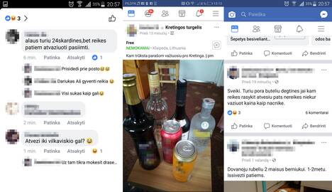 Pasiūla: socialiniame tinkle "Facebook" savaitgalį buvo galima rasti ne vieną skelbimą, siūlantį įsigyti alkoholio. Po kiek laiko jie buvo ištrinti.