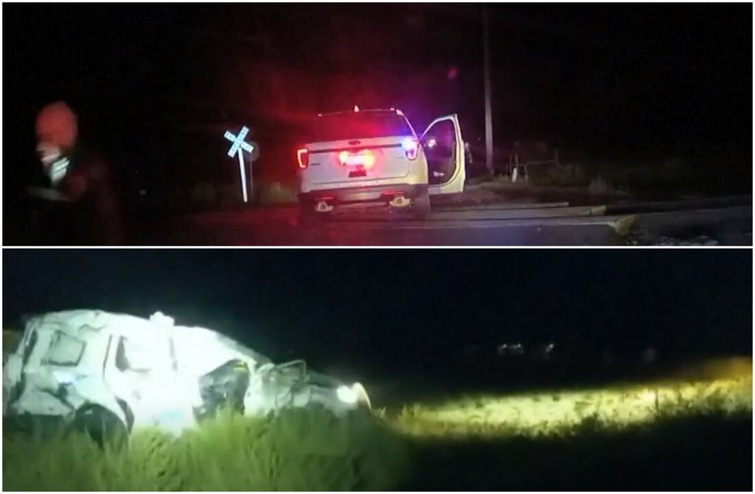 Užfiksuotas šokiruojantis moters sulaikymas: traukinys rėžėsi tiesiai į policininkų automobilį