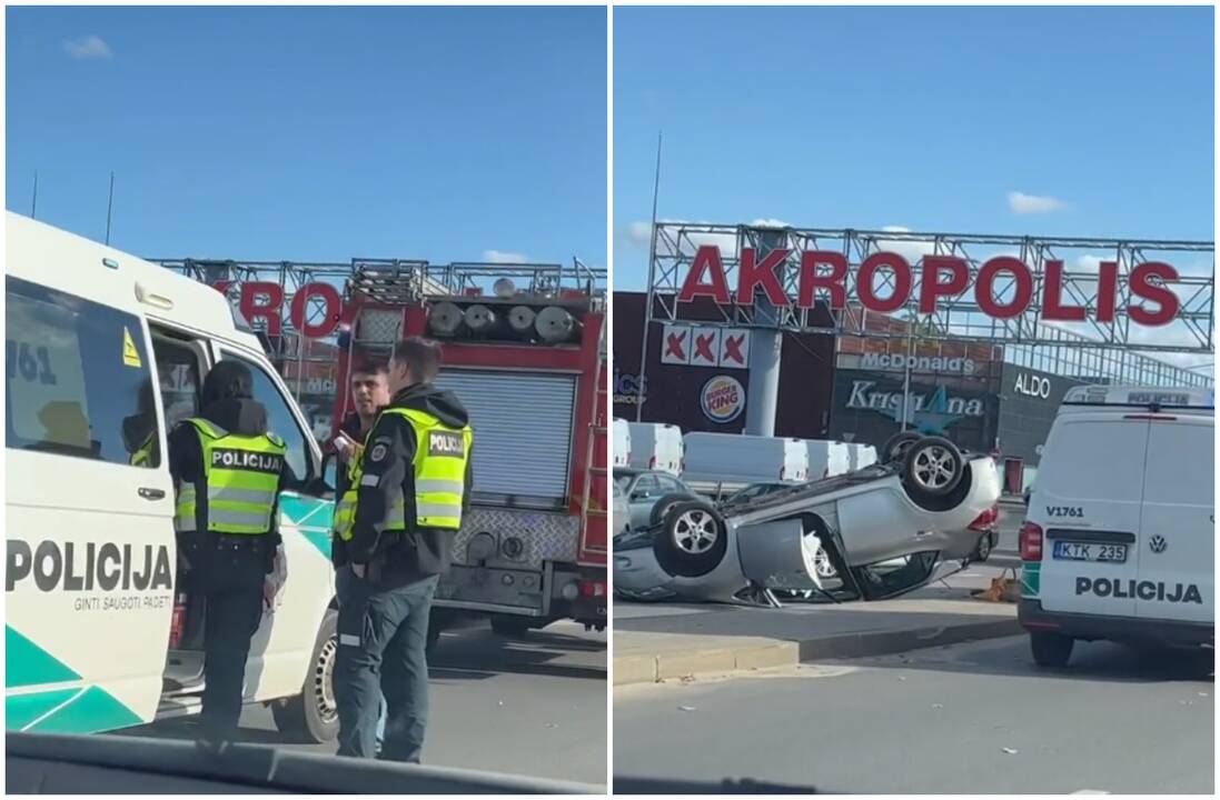 Prie Vilniaus „Akropolio“ – avarija: automobilis apvirto ant stogo
