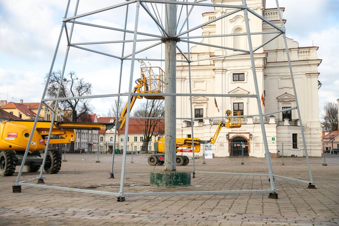 Rotušės aikštėje ryškėja kalėdinės Kauno eglės kontūrai