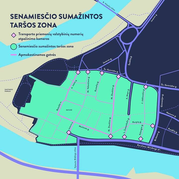 Žymėjimas: apie STZ primena įrengtos švieslentės su užrašu „Žalias Kaunas“ ir skiriamieji ženklai.