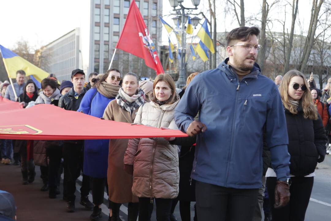 Reginys: Kovo 11-osios pavakare Klaipėdos senamiesčio gatvėmis klaipėdiečių nešama vinguriavo 77 metrų ilgio miesto vėliava.