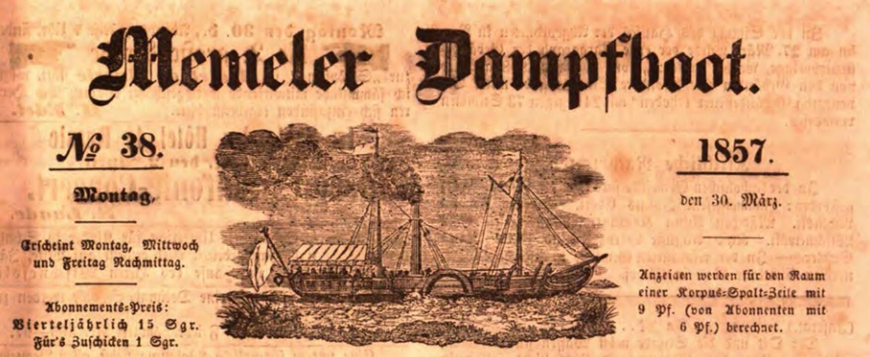 Stilius: prie "Memeler Dampfboot" pavadinimo patraukliai atrodo čia nuolat besikartojantis laivo vaizdas.