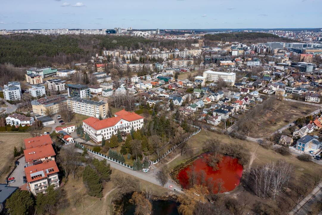 Prie Rusijos ambasados tvenkinys nudažytas raudona spalva