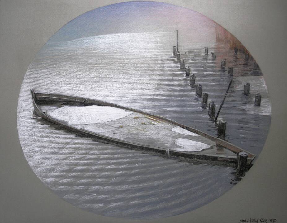 A. Anusas. Pilkosios kopos. 2023 m. Popierius, spalvoti pieštukai, 70 X 90 cm.
