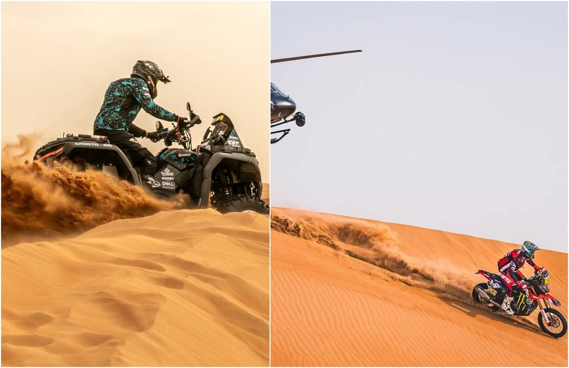 Bendražygiai: ralio „Abu Dhabi Desert Challenge“ trofėjai – komandos „CFMOTO Thunder Racing Team“ sportininkų A. Kanopkino (kairėje) ir G. Martinezo rankose.