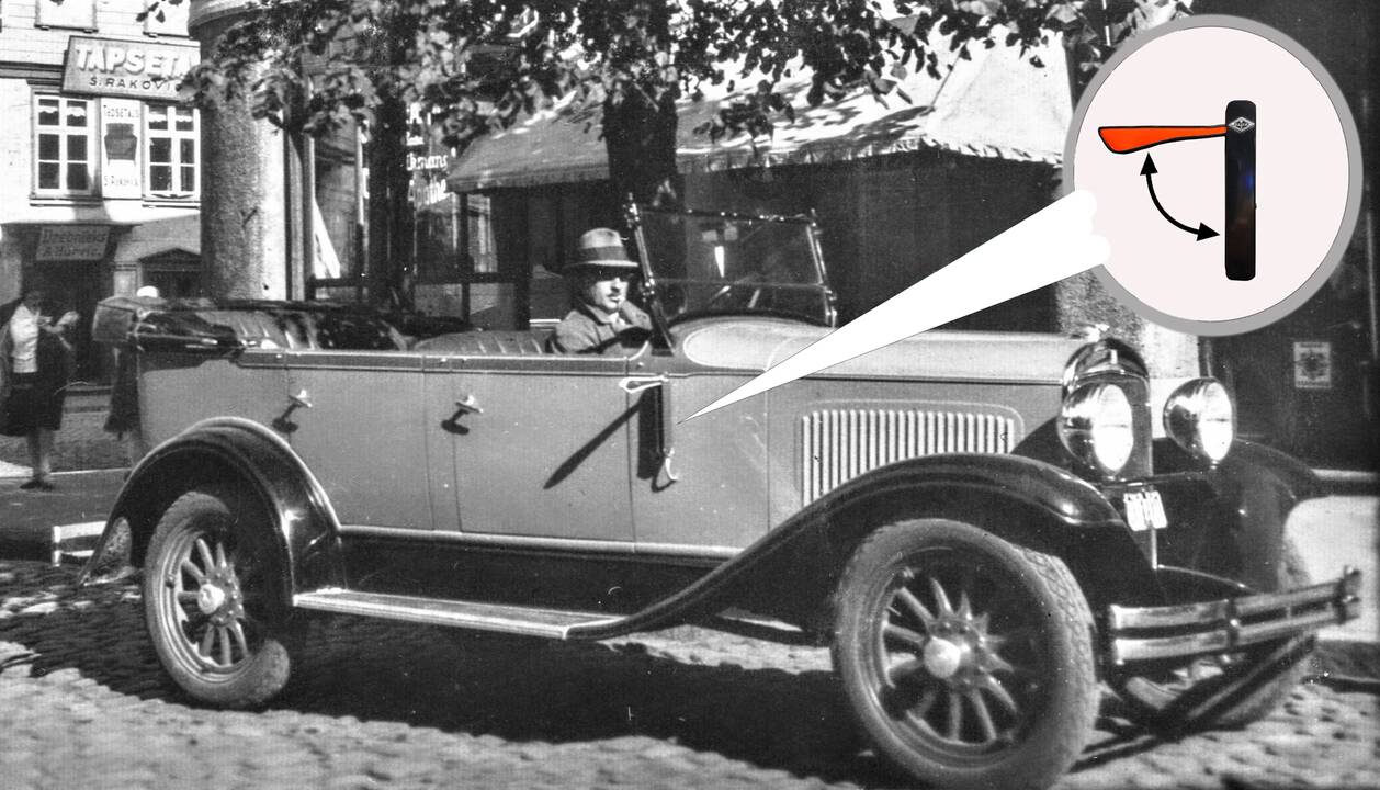 Vieta: pirmieji gamykliniai lempiniai žibintai – ant 1939 m. „Buick Eight“ bagažinės.