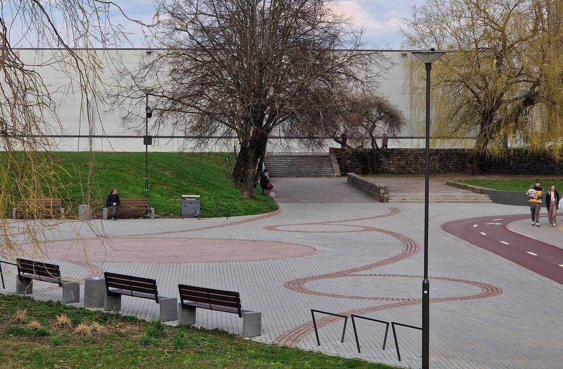 Vaizdas: ypač mėgstama išgėrinėjančių klaipėdiečių vieta – po medžiu, ant suoliuko, priešais vaikų žaidimų aikštelę.