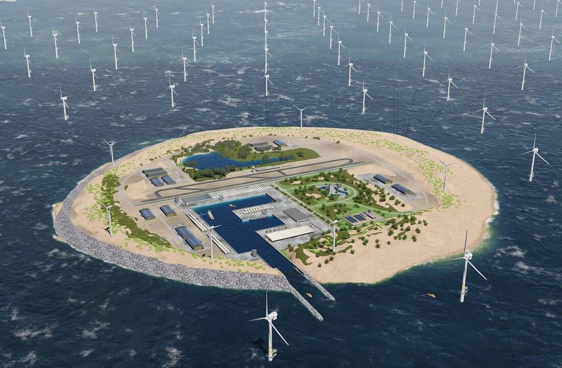 Variantai: Nyderlandai Šiaurės jūroje planuoja statyti vėjo jėgainių parkus kartu su dirbtinėmis energijos kaupimo ir poilsio salomis.