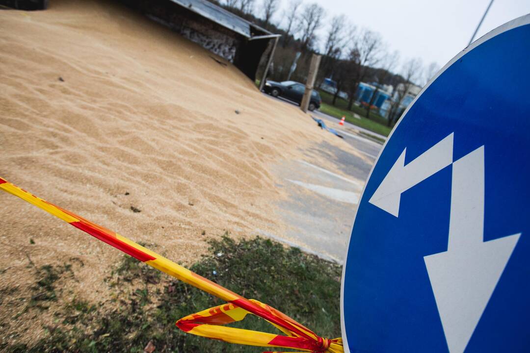 Apvirtęs sunkvežimis išbėrė 24 tonas grūdų