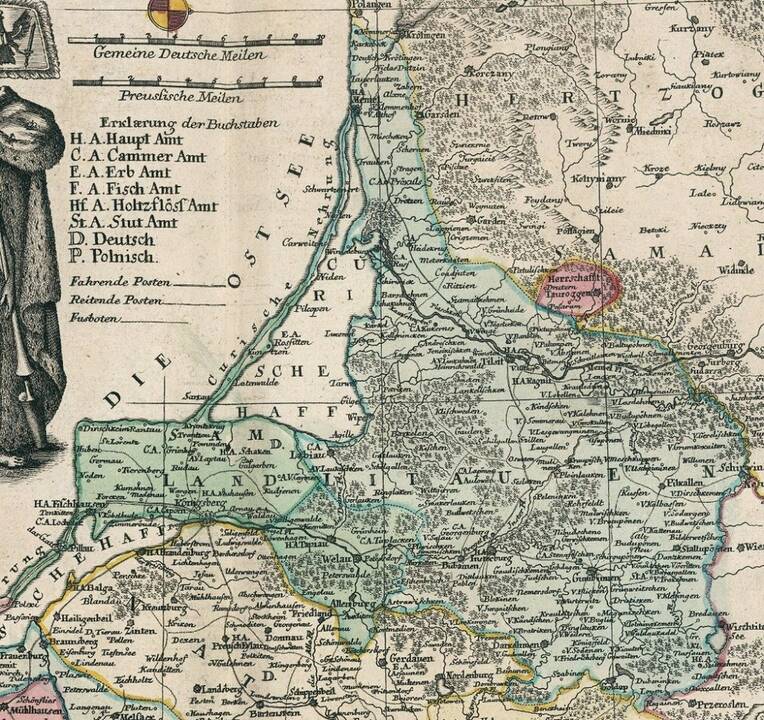 Istorija: 1753 m. žemėlapis, kuriame didžioji dalis dabartinės Kaliningrado srities žemių nurodyta  kaip "Land Litauen" (Lietuvos kraštas).
