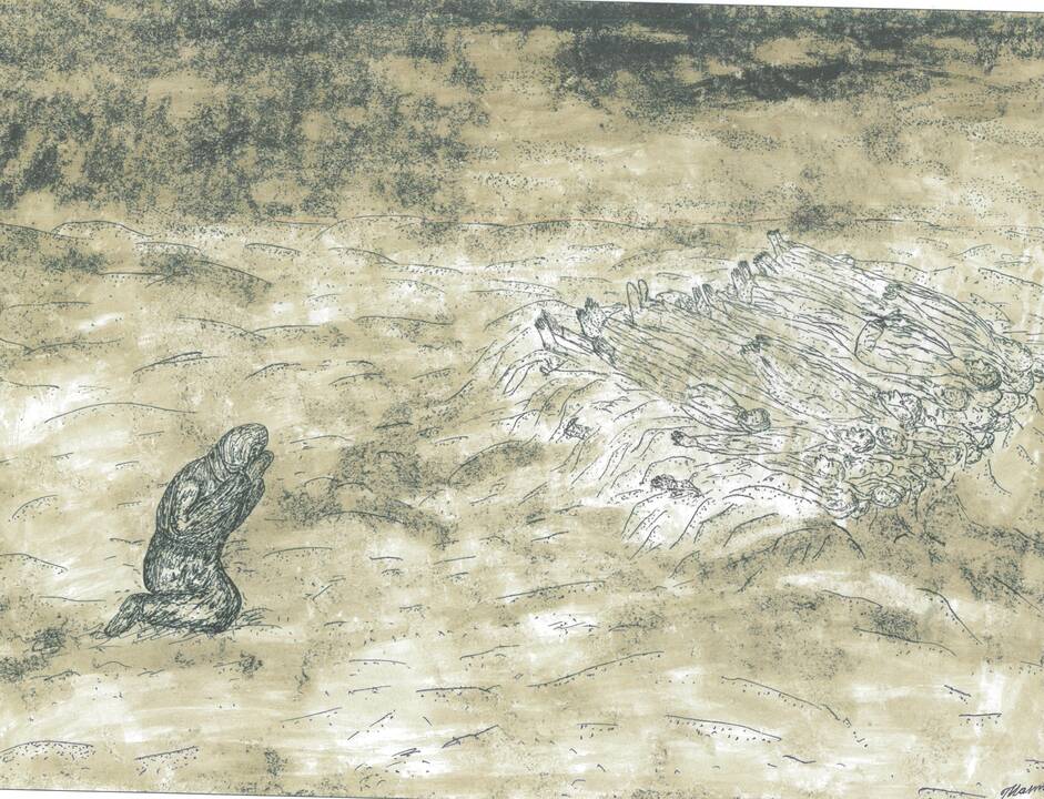 Išnaudojimas: R. Vaicekauskas kasa anglis šachtoje Jakutske. 1954 m. 