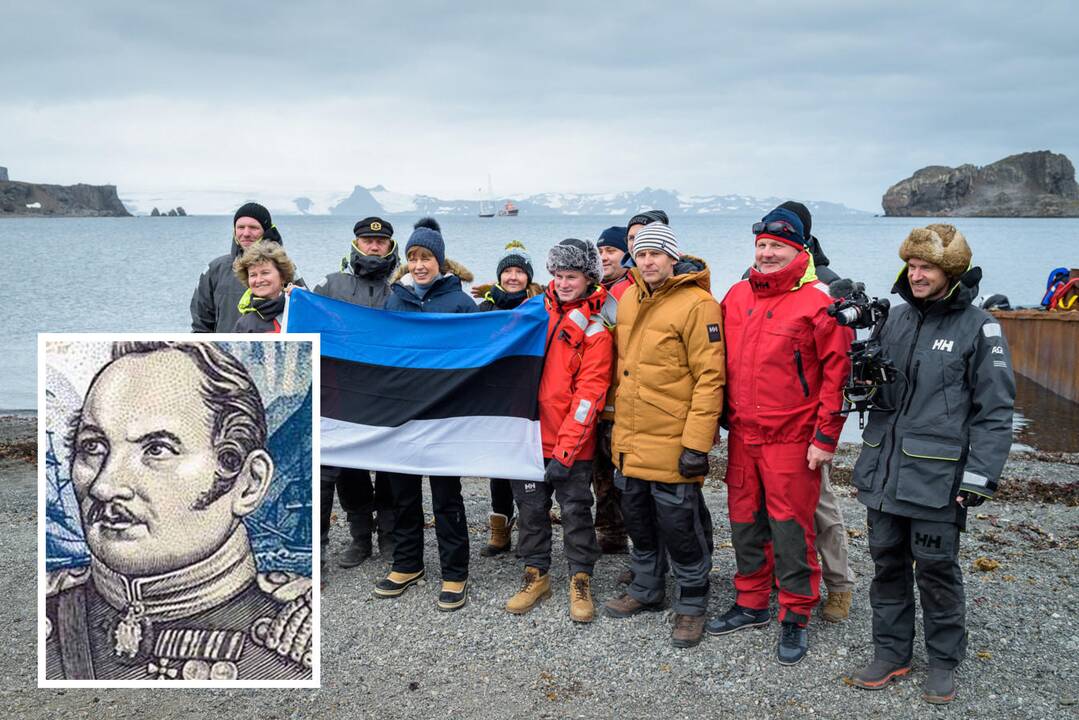 Vizitas: Estijos prezidentė Kersti Kaljulaid su „Admiral Bellingshausen“ įgula Antarktidoje.