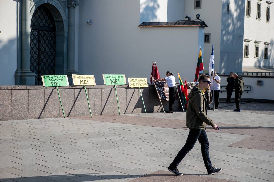 Žmonės renkasi į Šeimų sąjūdžio mitingą prie Katedros