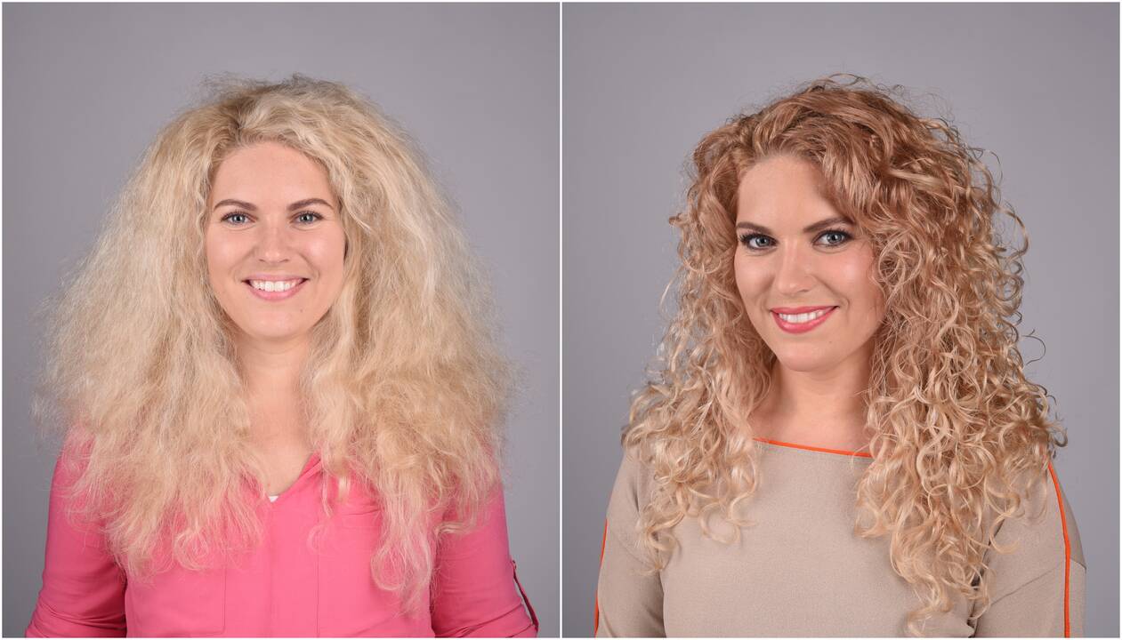 Metamorfozės: D.Vėbrės modelis prieš ir po įrodo, kad prižiūrėti plaukai, stilinga šukuosena – svarbi įvaizdžio dalis.