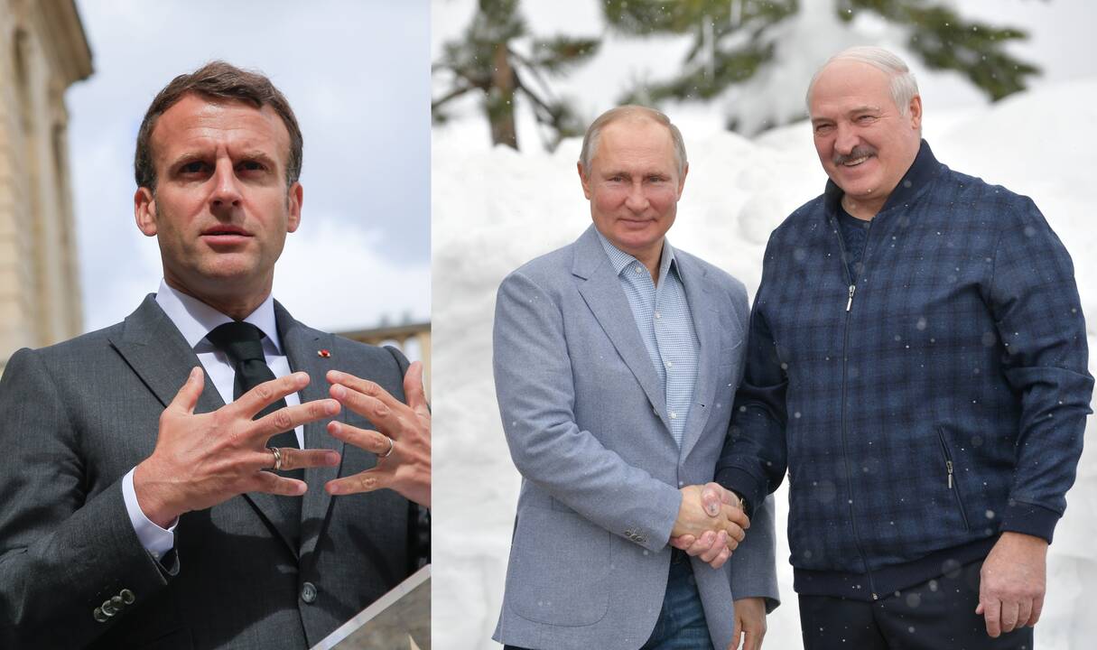 Emmanuelis Macronas (iš kairės), Vladimiras Putinas ir Aliaksandra Lukašenka