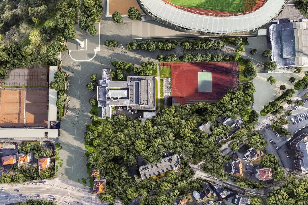 Sprendimas: fasadas bus ritmingai suskaidytas vertikalėmis, atskirtomis stiklo plokštumomis, tarsi modernus atsakas į dabartinio LSU pastato tarpukario modernizmo stilių.