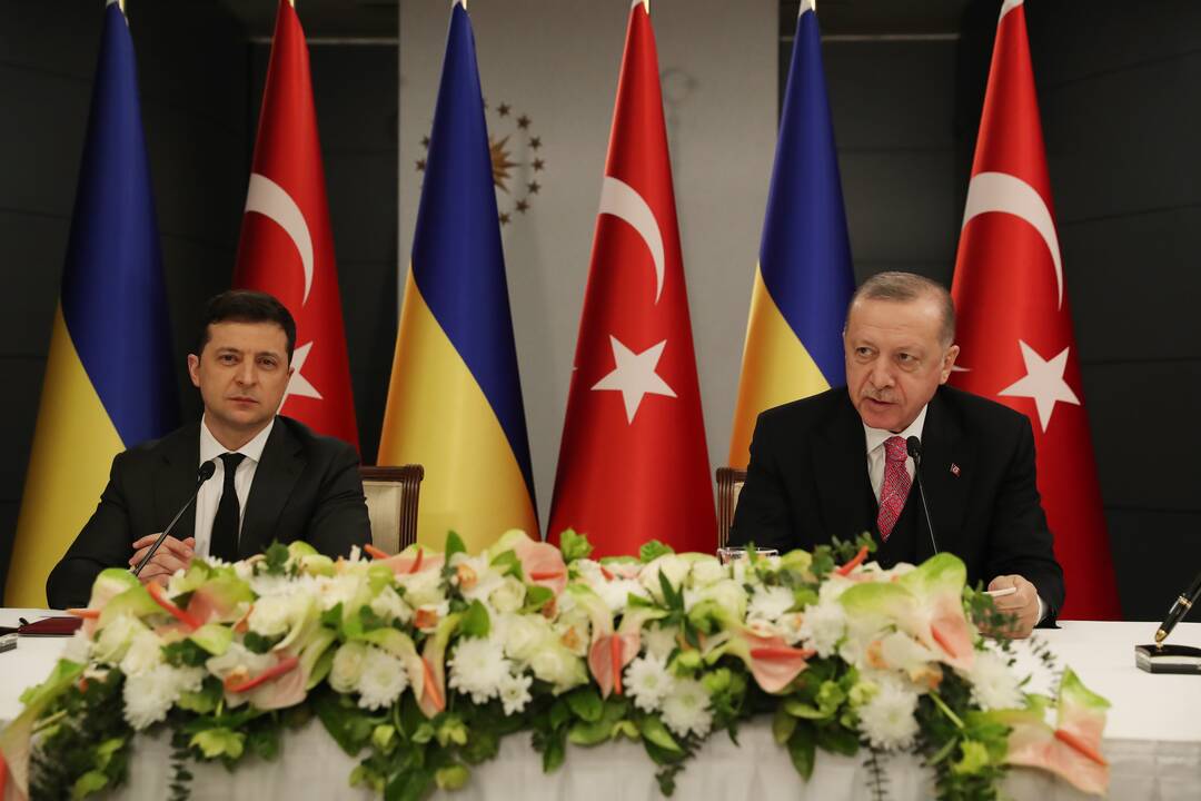 Volodymyras Zelenskis (kairėje) ir Recepas Tayyipas Erdoganas (dešinėje)