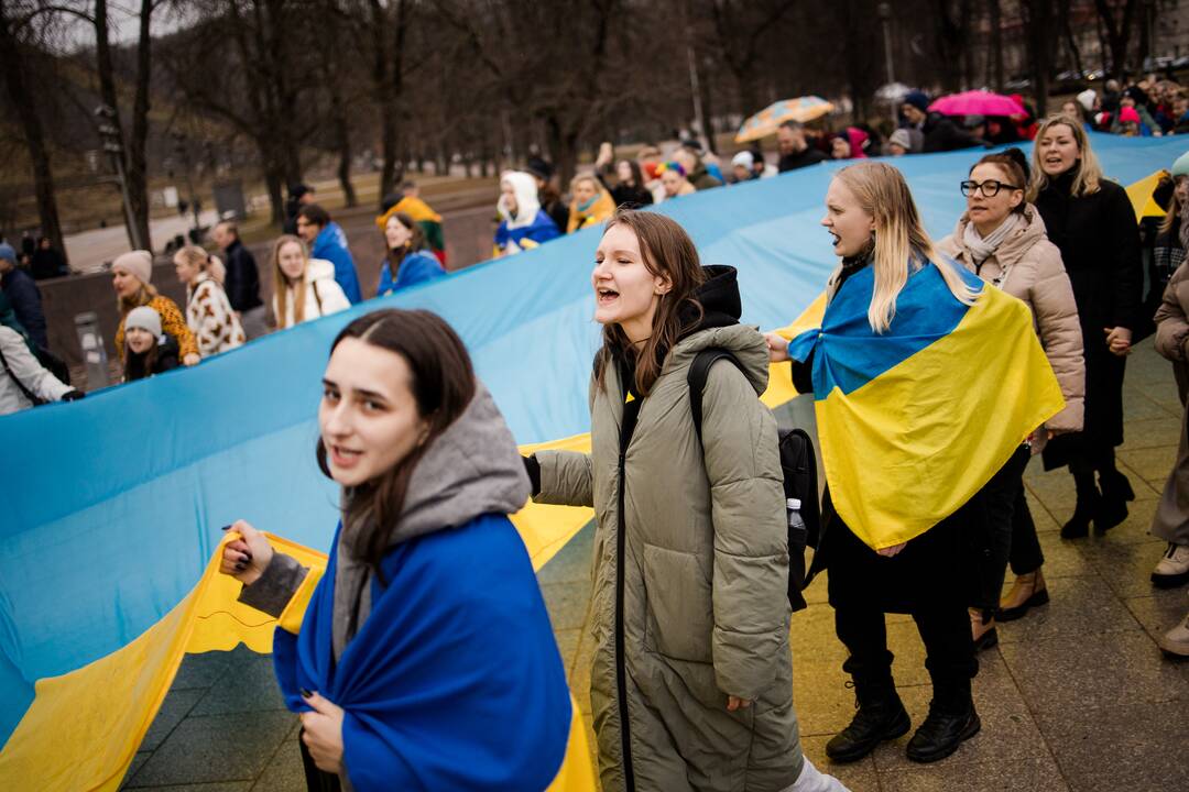 Sostinėje minimos antrosios Rusijos karo Ukrainoje metinės: vyksta mitingas, eitynės