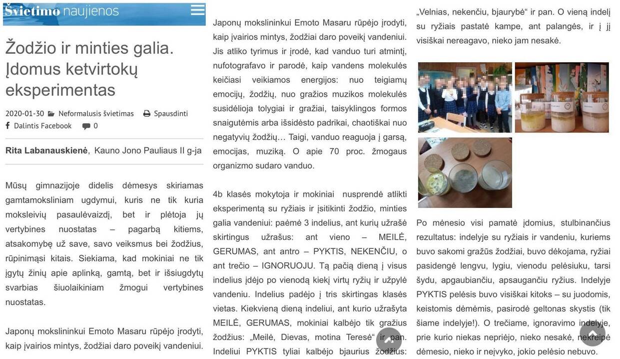 Skandalas: Jono Pauliaus II gimnazijoje pradinukai buvo priversti įtikėti žodžių galia vandeniui.