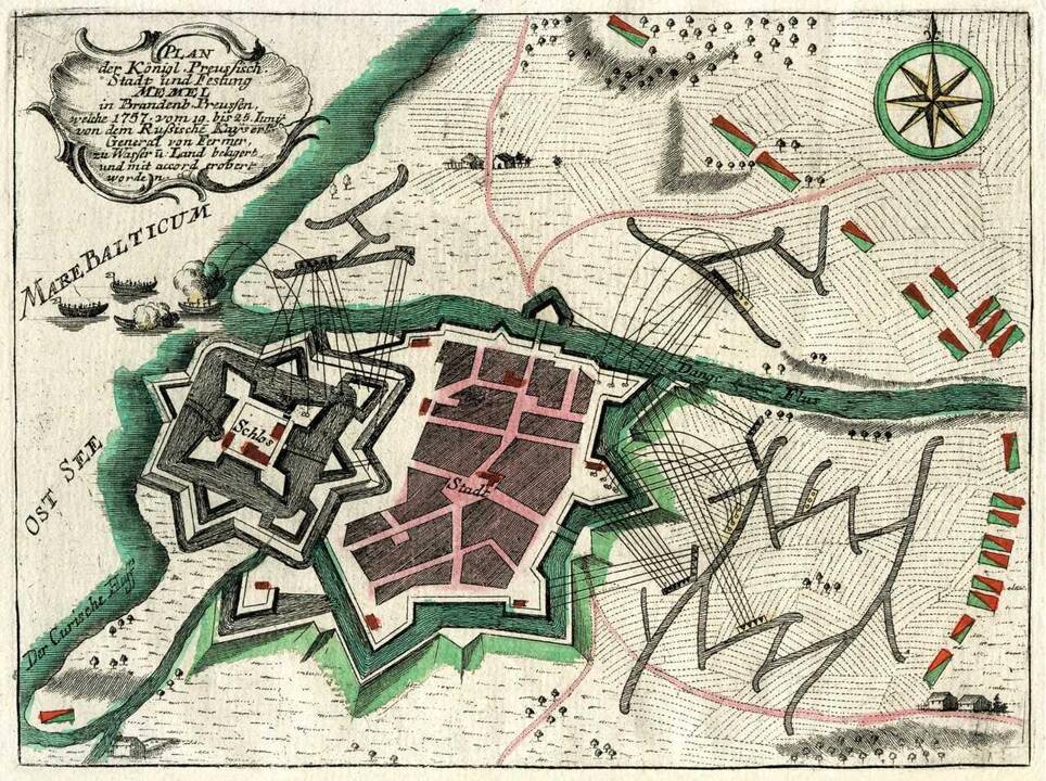 Graviūra: Klaipėdos pilis ir miestas XVII a. viduryje. Iš Ch. Hartknocho knygos „Alt- und Neues Preussen Oder Preussischer Historien Zwey Theile“. Frankfurtas–Leipcigas–Kenigsbergas, 1684 m.