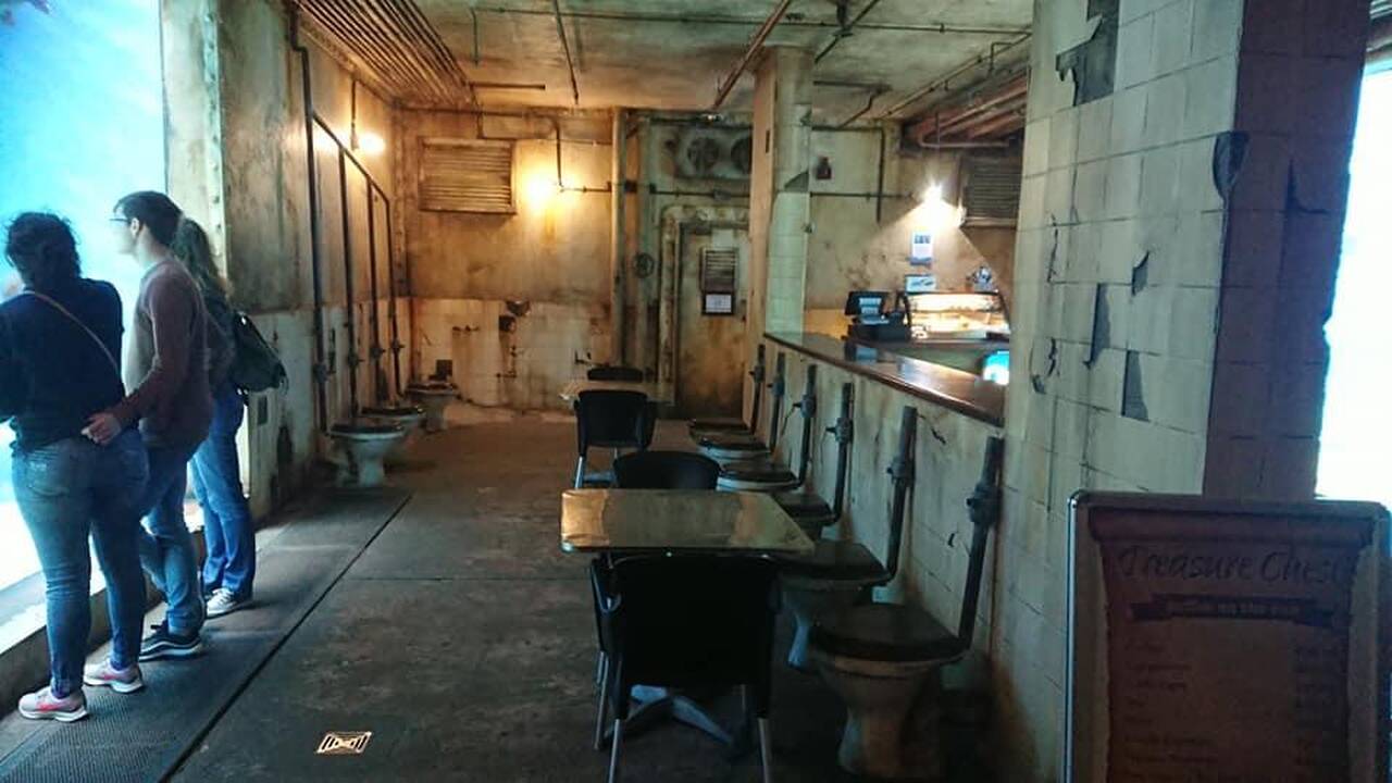 Pritaikė: originalus baras buvusio senovinio laivo tualete.