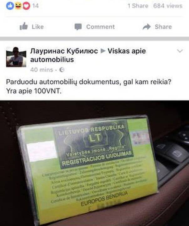 Akibrokštas: socialiniame tinkle pardavinėja automobilių registracijos liudijimus